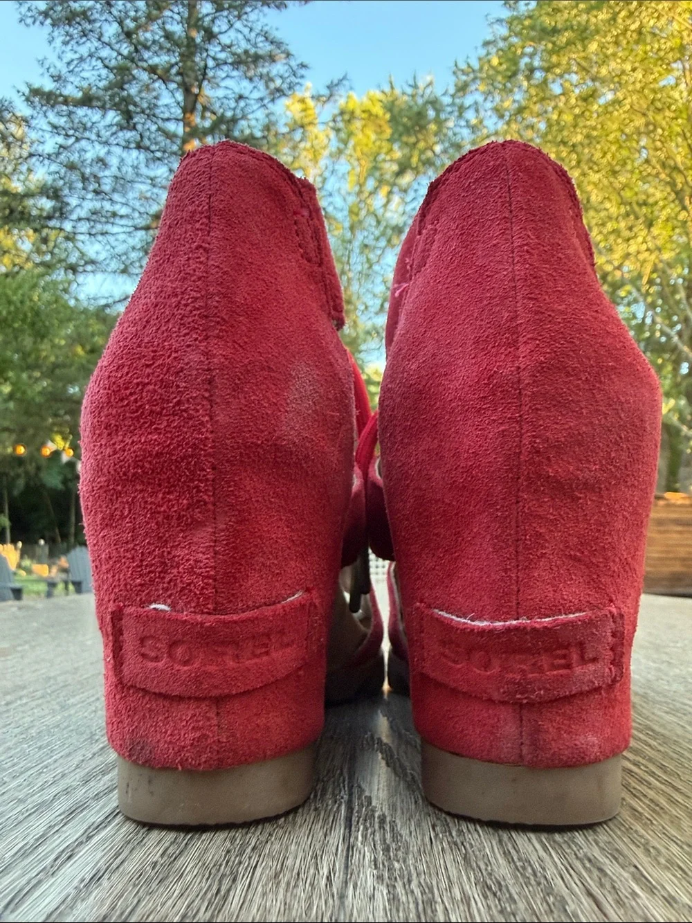 Sorel Red Suede Lace-Up Wedge Sandals